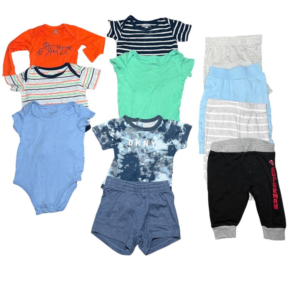 Baby Boy Clothing Lot 11 Pc 0-3M Bodysuits Pants DKNY Superman First Impressions